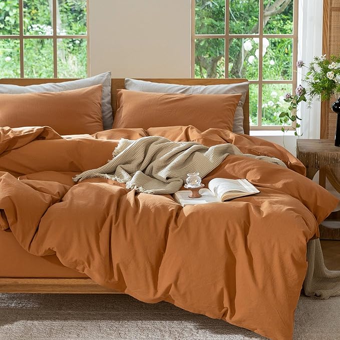 MooMee Bedding Duvet Cover Set 100% Washed Cotton Linen Like Textured Breathable Durable Soft Comfy (Solid Burnt Orange, Full 80"x90")