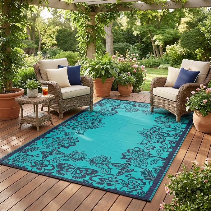 Garvee 5’x8’ Waterproof Patio Outdoor Rug, Outdoor Plastic Straw Rug for Camping, RV Mat Outside, Indoor Outdoor Carpet for Porch, Deck, Backyard, Balcony, Picnic, Dark Blue & Teal
