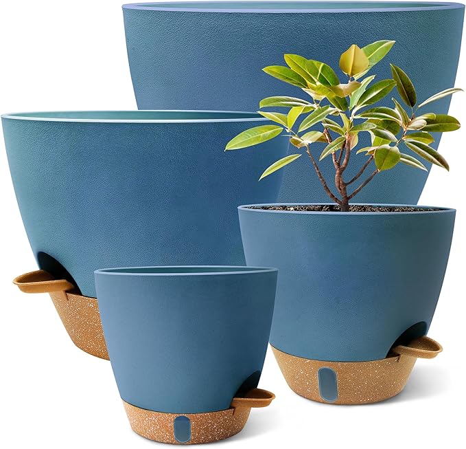 12"/10"/9"/8" Self Watering Pots with Visual Water Window,Extra Large Self Watering Plant Pots with Drainage Holes & Saucers,Blue Planters for Indoor Plants,4-Pack