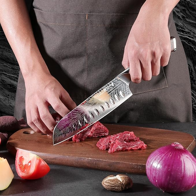 Plys Sharp Santoku Knife for Kitchen: Japanese 7 Inch Professional Chef Knives Stainless Steel Sharp Cutting Meat Cooking Cleaver