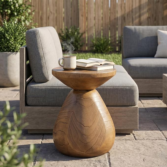 Christopher Knight Home Yone MGO Outdoor Side Table with Wood Grain Finish, Lightweight Concrete Accent Table for Indoor/Outdoor Usage, Small End Table with Waterdrop-Shaped Base, No Assembly, Wood