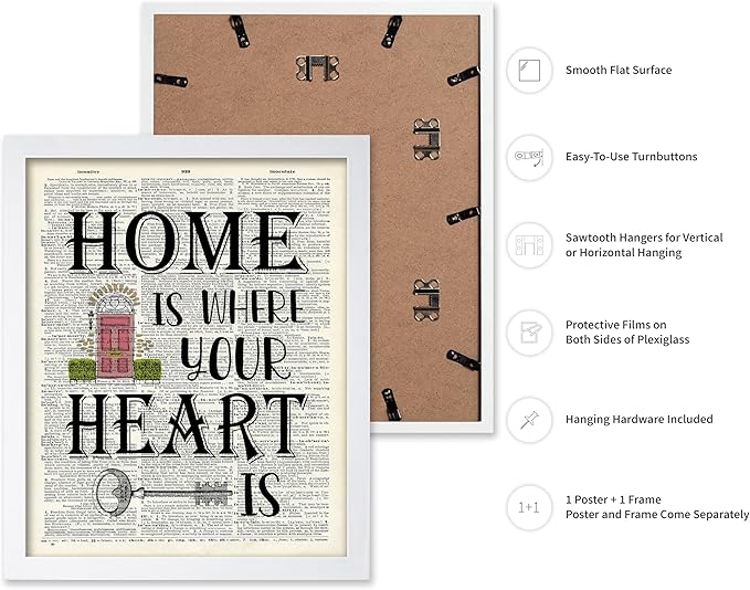 Poster Master Dictionary Art Poster - Home Is Where Your Heart Is Print - Motivational Art - Gift for Men & Women - Inspiring Wall Decor for Dorm, Bedroom or Living Room, 11x14 White Framed