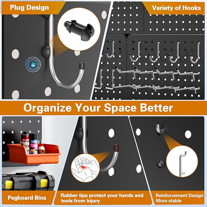 Peg Board, 4 Pack Black Peg Board Panels, 50lbs Load Capacity Each, Pegboard