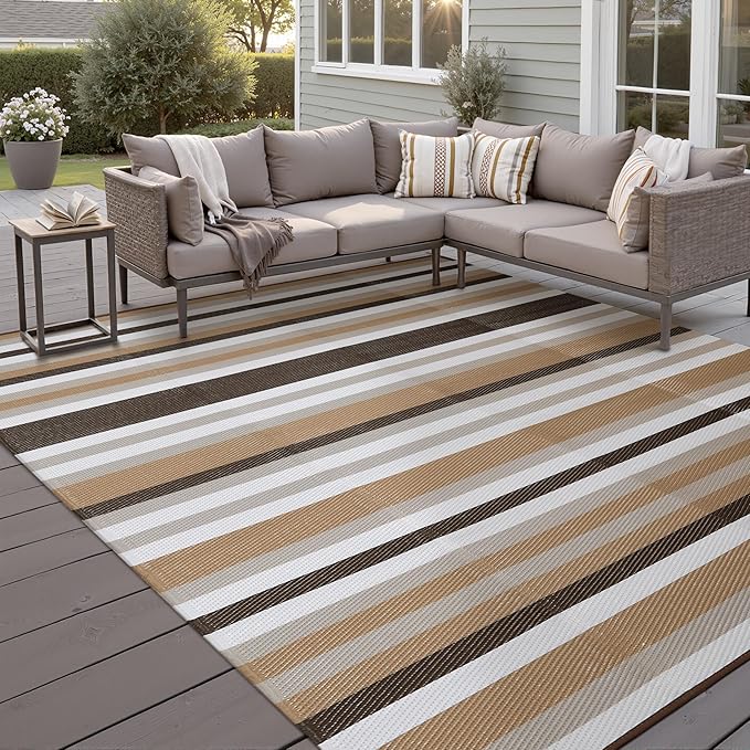HUGEAR Outdoor Waterproof Rug 9'x12' Plastic Straw Rugs Washable Reversible Floor Mat Brown Stripe Carpet for Camping RV Deck Entryance Porch Picnic Balcony Beach Backyard