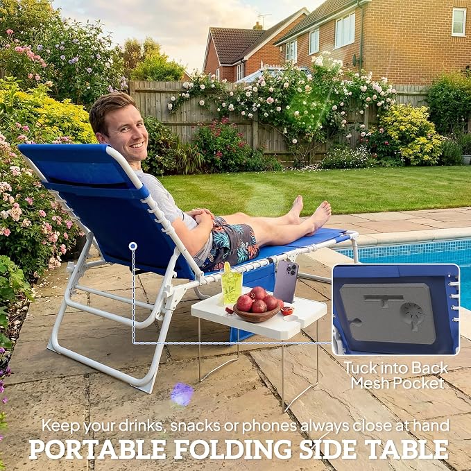 Outsunny Tanning Chair with Face Hole, Side Table, 5-Position Reclining Folding Chaise Lounge Chair Outdoor Lounger Recliner, Carry Straps for Beach Pool Camp, Breathable Mesh, Navy Blue