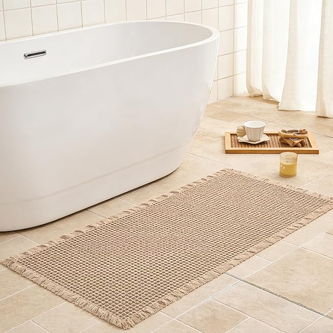 Waffle Bath Mat Non Slip, Boho Runner Rug, Super Absorbent Quick Dry Long Bath Runner Bathroom, Soft Farmhouse Bath Rug with Tassels, Washable Shower Mats for Floor 24"x48", Brown