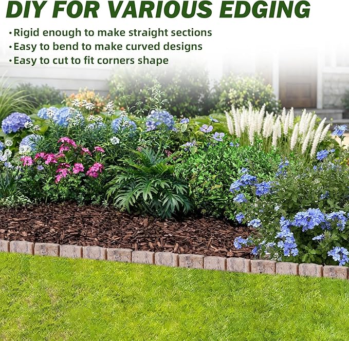 Landscape Edging Garden Edging Border Faux Stone Edging,91FT x 2.75 in Tall Decorative Stone-Look Garden Border for Flower Bed Edging,Yard Edging,Lawn Trees and Gardens,with Anchoring Spikes,Brown