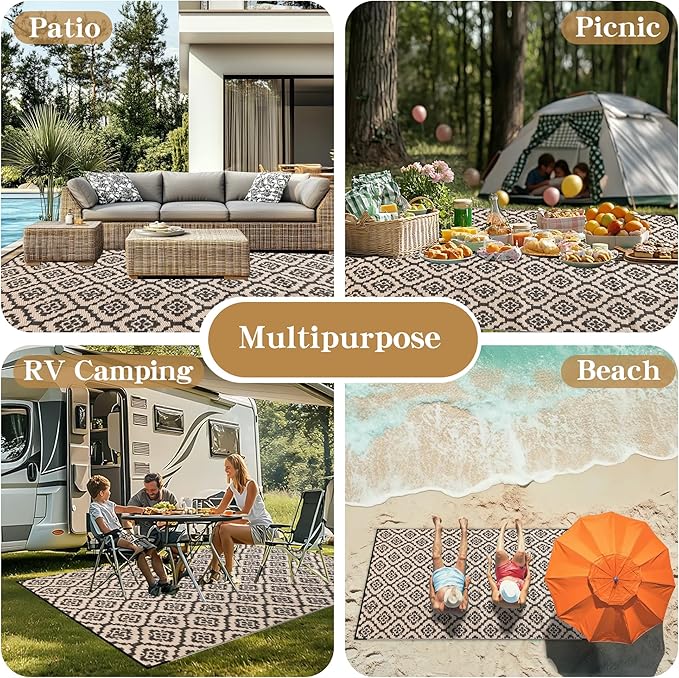 Wallona Outdoor Rugs 5x8 ft Patio Waterproof Clearance Indoor Outdoor Carpet for Patio Plastic Straw Reversible Area Rugs Mat for RV, Camping, Balcony, Beach, Picnic, Porch, Brick Black & Beige
