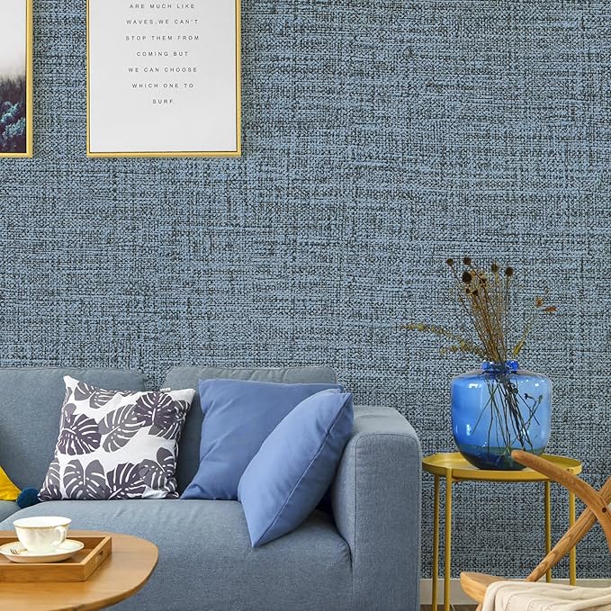 Blue Gray Grasscloth Peel and Stick Wallpaper 17.3"x300" Faux Linen Textured