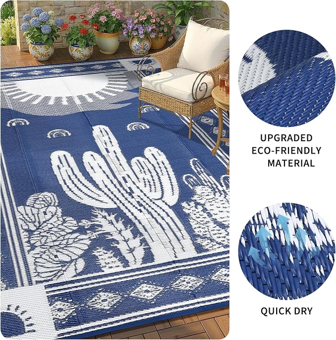Garvee Reversible Cactus Outdoor Rug 8x10 for Patio, Waterproof Outdoor Area Rug, Modern Desert Botanical Indoor Outdoor Rugs, Plastic Straw Rug for RV, Camping, Deck, Navy Blue & Beige