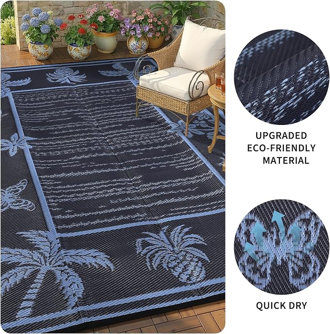 Garvee Outdoor Rug 8x10 Waterproof for Patios, Reversible Plastic Straw Rug, Tropical Leaf Indoor Outdoor Rugs, Large Area Rug for RV, Camping, Deck, Picnic Mat, Outside Carpet