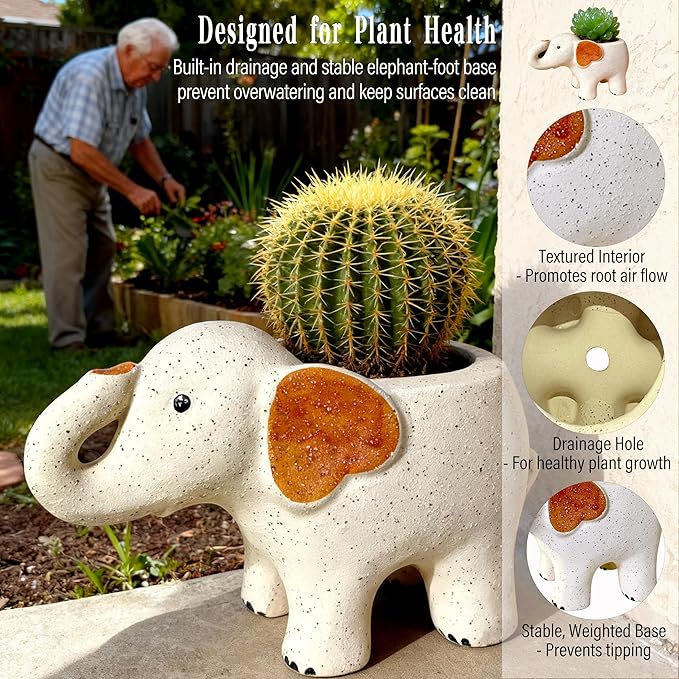 Large 9.1‘‘ Handmade Ceramic Elephant Planter Flower Pot with Drainage Hole for Succulents, Cactus, Air Plants | Indoor Outdoor Garden Patio Desk Home Decor | Gift for Plant Lovers