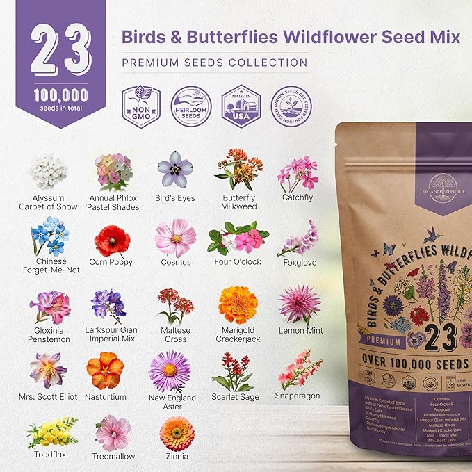 Organo Republic 23 Wildflower Seeds Annual & Perennial Mix for Indoor & Outdoors, Attract Birds & Butterflies 100,000+ Non-GMO, Heirloom Garden Seeds, 4oz Packet for Growing Wild Flowers