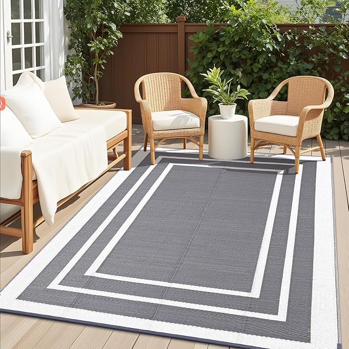 OLANLY Outdoor Rug 9x12 ft Waterproof, Reversible Outdoor Plastic Straw Rug, RV Mat, Indoor Outdoor Carpet Clearance for Patio, Camping, Balcony, Deck, Backyard, Grey & White