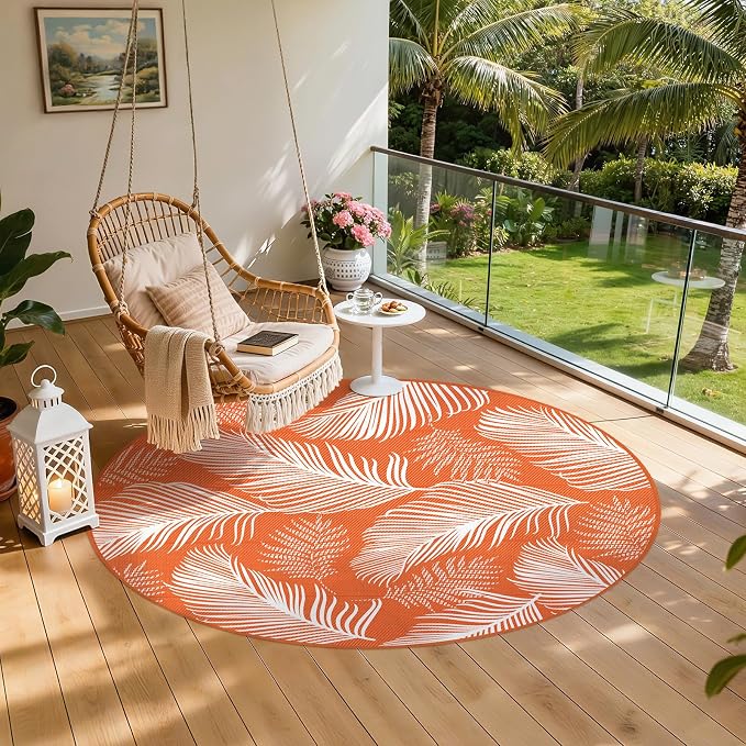 Pauwer Waterproof Outdoor Rug 8ft, Reversible Plastic Straw Patio Camping Rug, Indoor Outdoor RV Mat Carpet for Deck, Camper, Porch, Balcony, Backyard, Picnic, Leaf Orange