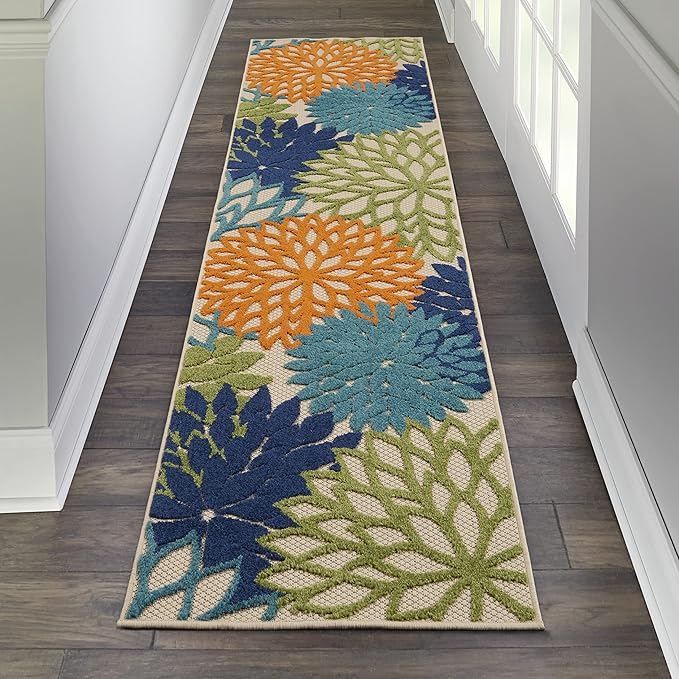 Nourison Aloha Indoor/Outdoor Multicolor 2'3" x 12' Area Rug, Tropical, Botanical, Easy Cleaning, Non Shedding, Bed Room, Living Room, Dining Room, Deck, Backyard, Patio (2x12)