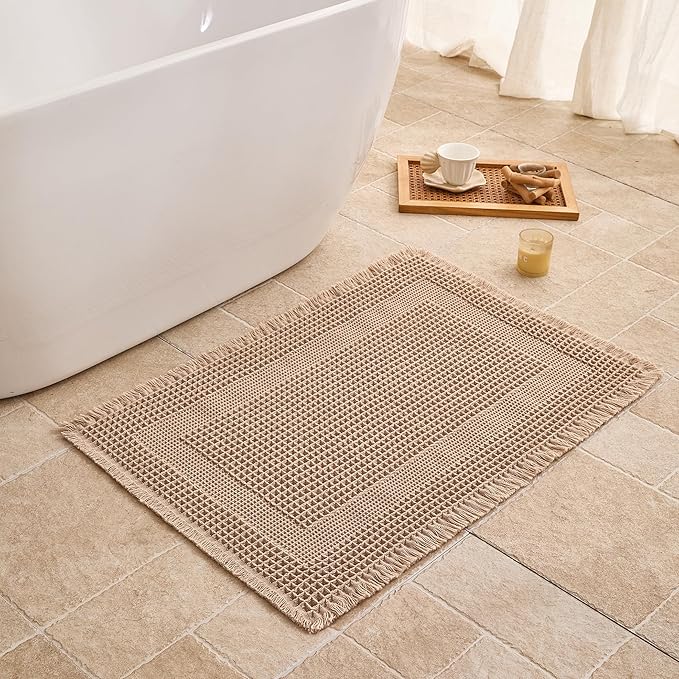 Waffle Bath Mat Non Slip, Boho Bathroom Rug, Super Absorbent Quick Dry Bathroom Mat, Soft Farmhouse Bath Rug with Tassels, Small Washable Shower Mats for Floor 24"x36", Square Brown