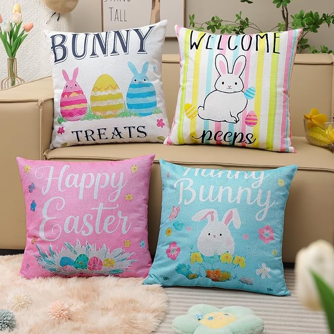 Easter Pillow Covers 18 x 18 Inch,Easter Decorations for Home,Set of 4 Happy Easter Hunny Bunny Pink Blue Decorative Throw Pillow Covers Spring Farmhouse Decor