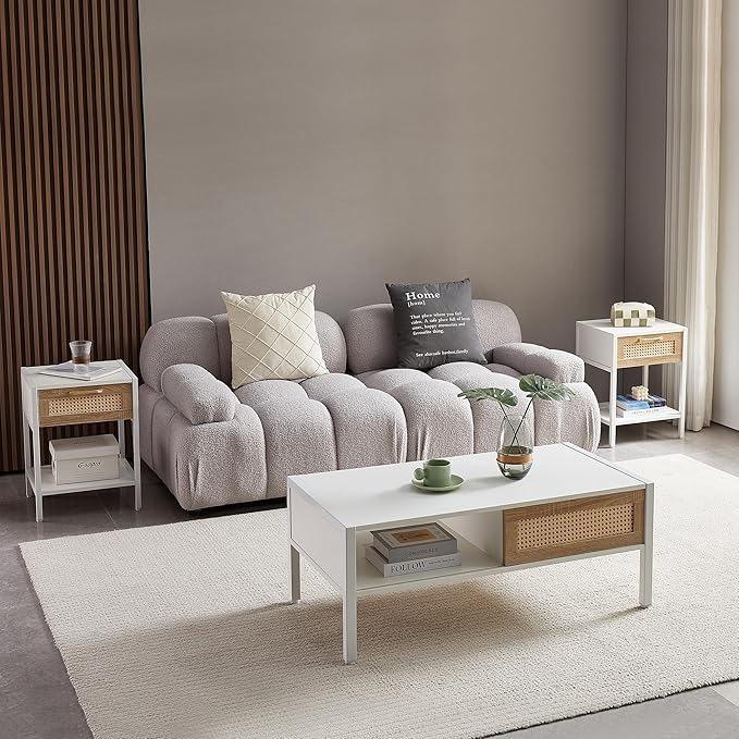 Rattan Coffee Table 40.16" Mid Century Modern Coffee Table with Storage Farmhouse Rectangle Wooden Accent Center Sofa Table with Rattan Sliding Door for Living Room (White)