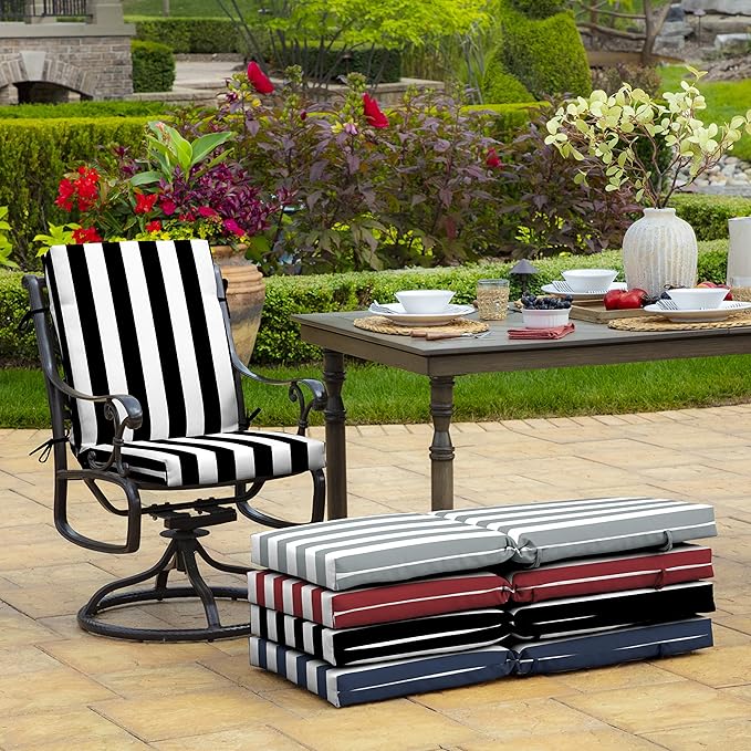 Arden Foam Outdoor Dining Chair Cushion, 20 x 44, Premium High-Density Foam, Never Flattens, Weather-Proof for Outdoor Chairs, Black Cabana Stripe