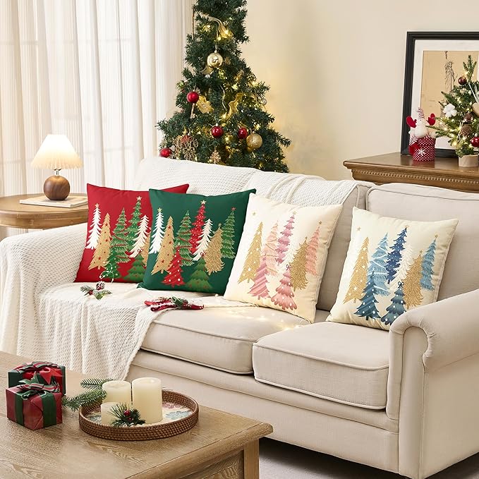 Christmas Pillow Covers 18x18 Inch Set of 2 Blue Decorative Christmas Tree Throw Pillows Linen Winter Holiday Decor for Home Sofa Couch Bed Chair