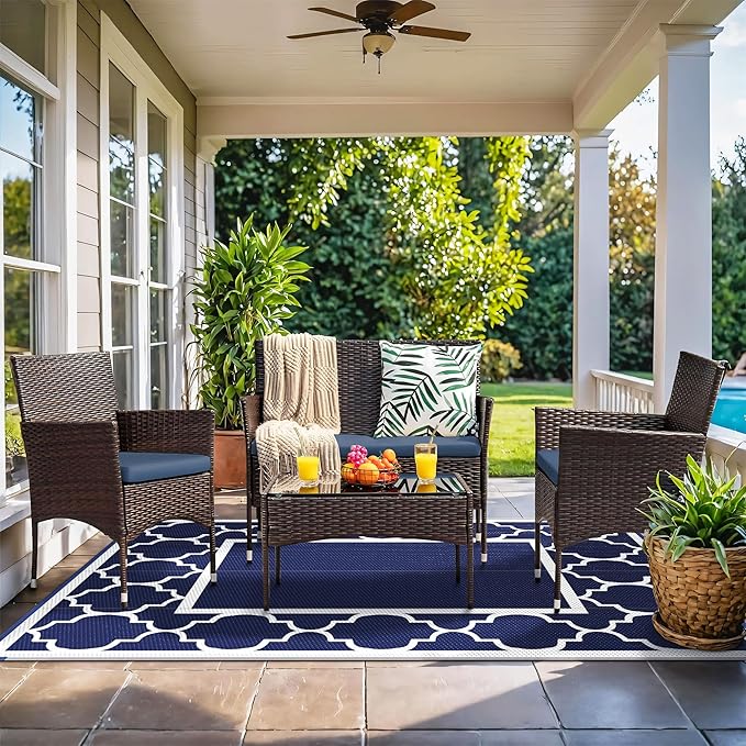 GENIMO 6' x 9' Outdoor Rug Waterproof for Patio Decor, Foldable Reversible Plastic Straw Area Rugs Mat for Camper, Outside Carpet for Rv, Deck, Porch, Picnic, Beach, Balcony, Blue & Grey