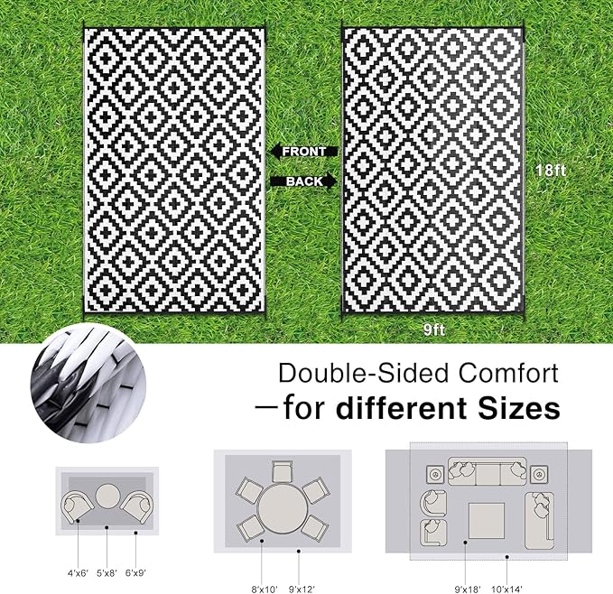 OLANLY Waterproof Outdoor Rug 9x18 ft, Outdoor Plastic Straw Rug for Camping, RV Mat Outside, Indoor Outdoor Carpet for Porch, Deck, Backyard, Balcony, Picnic, Black & White
