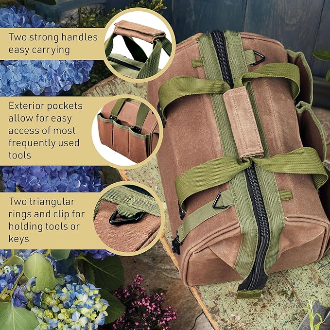 Waxed Canvas Tool Bag - 11.75” Heavy Duty Canvas Tote Bag Garden Caddy for Gardening Supplies or Tools with Wide Mouth 3 Interior and 3 Exterior Pockets - Gardening Gifts Men by Kings County Tools