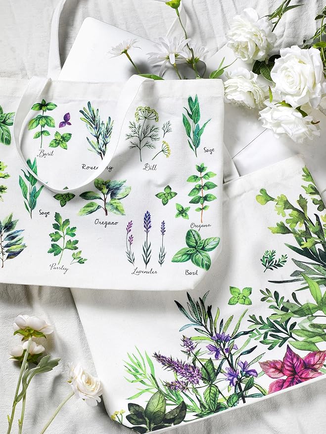Bencailor 2 Pcs Spring Flower Canvas Tote Bags Reusable Wildflowers Herbs Plant Grocery Bags for Women Shopping Spring Gifts(Herbs)