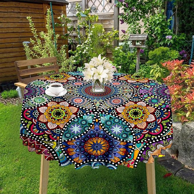 Eikione Boho Round Tablecloth 70 Inch Bohemia Table Cloth, Tablecloth Polyester Waterproof Stain Wrinkle Free, Indoor and Outdoor Round Table Cover