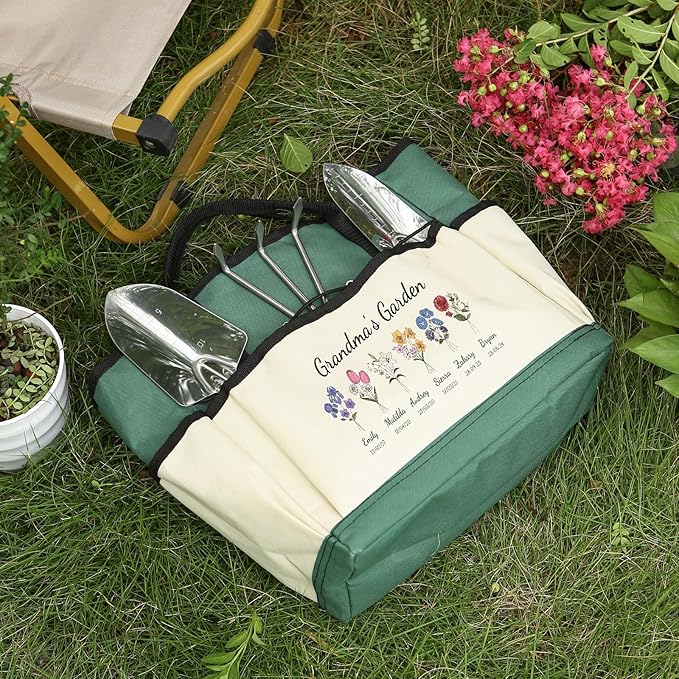 Personalized Garden Tools Set for Women: Custom Text Garden Tool Bag and Garden Shovel & Transplant Shovel & Hand Rake - Gardening Gifts for Mom Grandma Gardening Lover (6 Flowers)