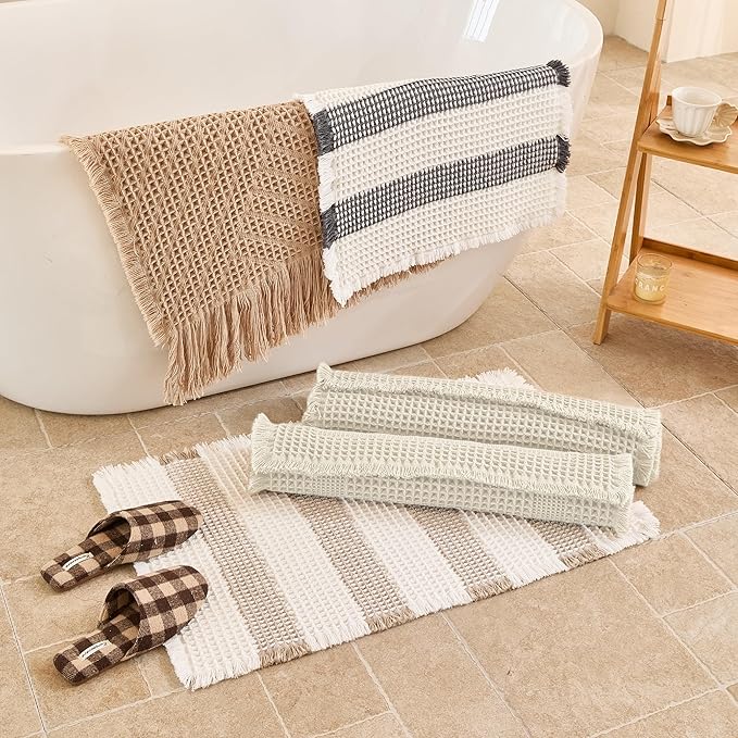 Waffle Bath Mat Non Slip, Boho Bathroom Rug, Super Absorbent Quick Dry Bathroom Mat, Soft Farmhouse Bath Rug with Tassels, Small Washable Shower Mats for Floor 24"x36", Square Cream