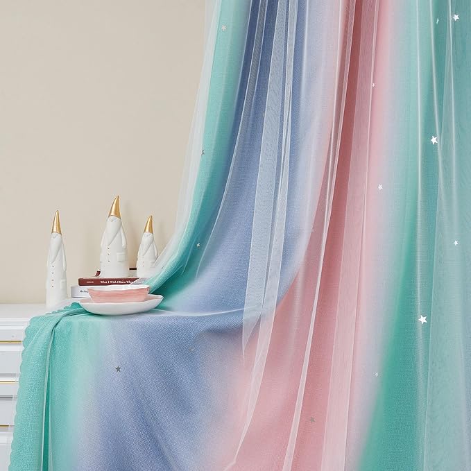 XiDi Curtains for Bedroom Decor, Rainbow Pinkgreen grey34/45