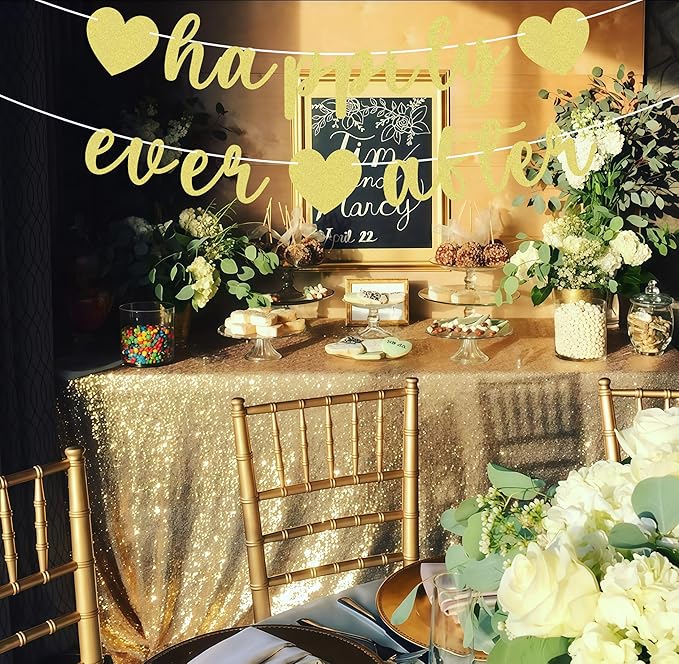 Pre-Strung Happily Ever After Banner - Gold Glitter Bachelorette Bridal Engagement Party Decoration Supplies, Bachelorette Wedding Party Banner for Engagement, Bridal Shower, Wedding Party Photo Booth Props