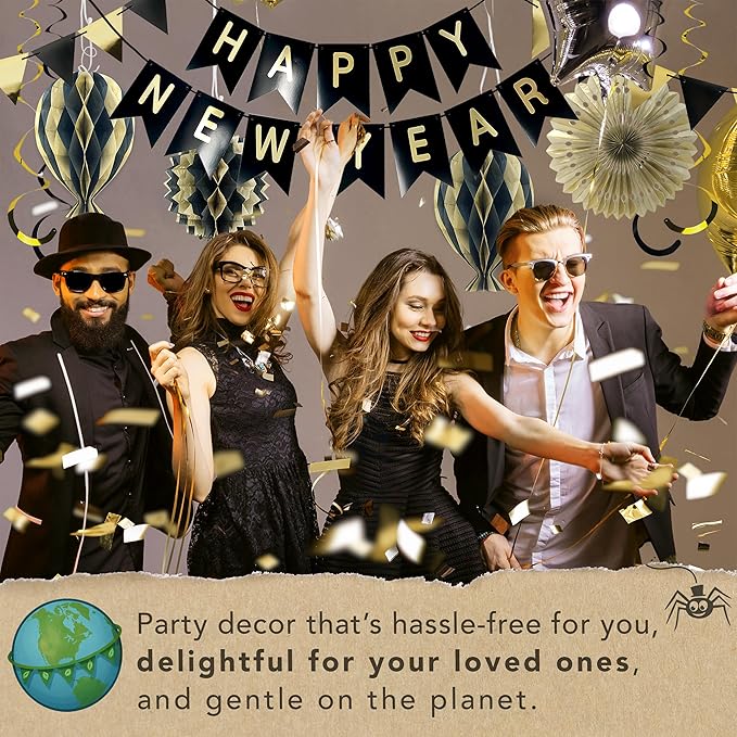 Premium Reusable New Years Decorations 2026 - Multi-occasion Happy New Year Banner also spells Happy Birthday, Fast Assembly with Velcro - NY Eve 2026 Party Supplies / Black and Gold Party Decorations