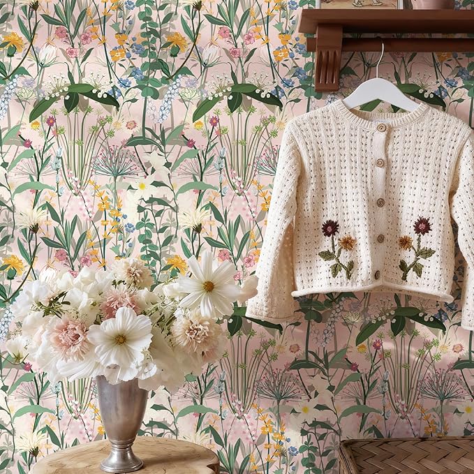 JiffDiff Floral Wallpaper Peel and Stick 17.3"x472" Pink Farm Wildwood Stick on