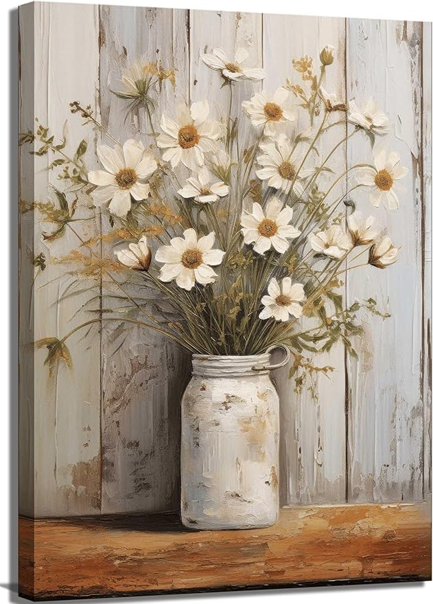 Rustic Farmhouse Daisy Floral Canvas Wall Art Vintage Neutral Country Flower Still Life Botanical Painting Picture Wall Decor Poster Print for Bathroom Living Room Bedroom Home Decoration