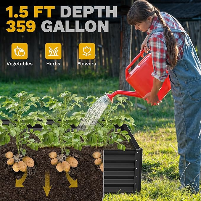 DWVO 2pcs 8 x 4 x 1.5 FT Raised Garden Bed Kit, Outdoor Galvanized Flower Bed with Safety Rubber and Gloves, Large Metal Planter Box for Vegetables, Flowers, Herbs, Fruits, Black