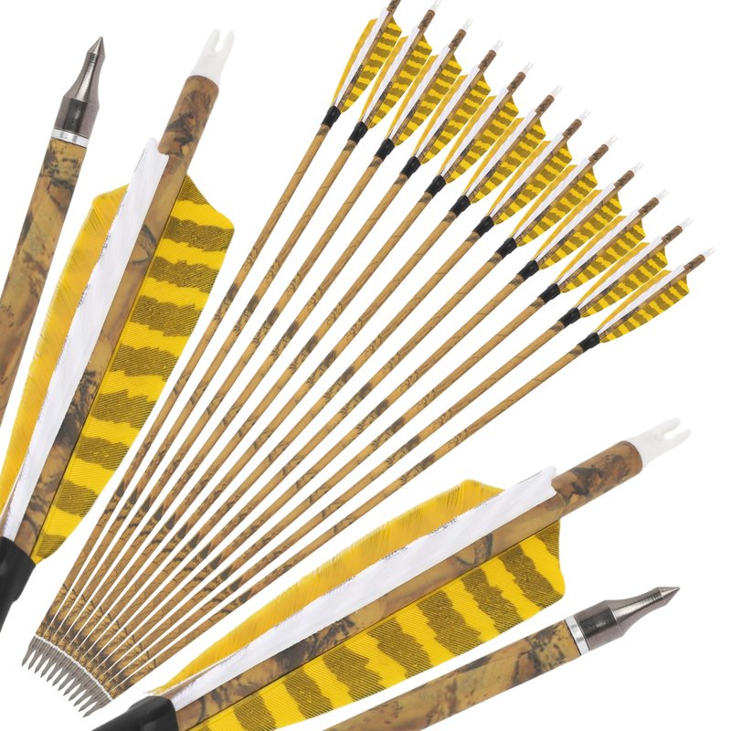 ZSHJGJR 30” Carbon Arrows Hunting Arrows with 4” Turkey Feather Removable Tips Archery Targeting Practice Arrows 500 Spine for Compound & Recurve & Traditional Bow 6/12pcs (12, Yellow & White)