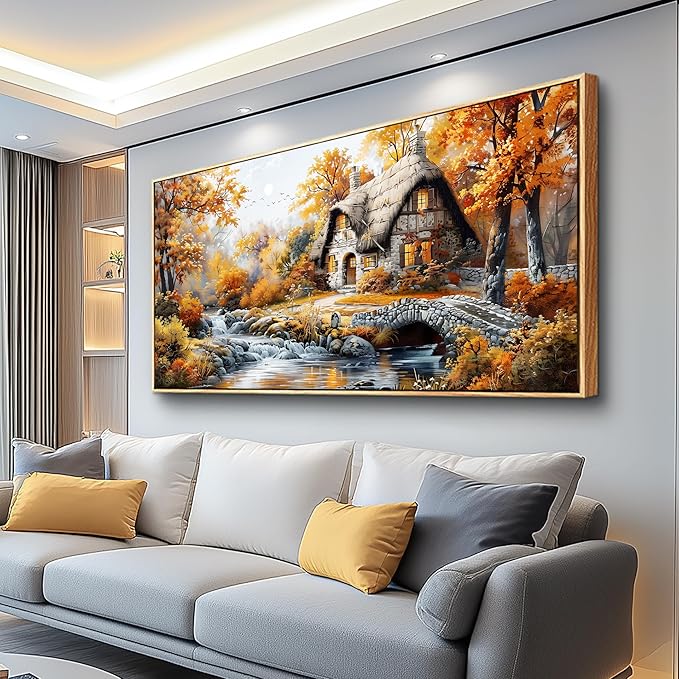 QIYILEXWART Canvas Wall Art For Living Room Wall Decor For Bedroom Office Wall Decoration Autumn Cottage River Landscape Painting Farmhouse Pictures Artwork Room Aesthetic Home Decor 20x40 In