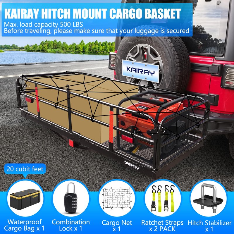 KAIRAY 500 Lbs Heavy Duty Hitch Mount Cargo Carrier 60"x24"x14.4" Folding Rear Luggage Rack Basket Fits 2" Receiver for Car SUV Camping Traveling with Stablizer Waterproof Bag Net Ratchet Straps Lock