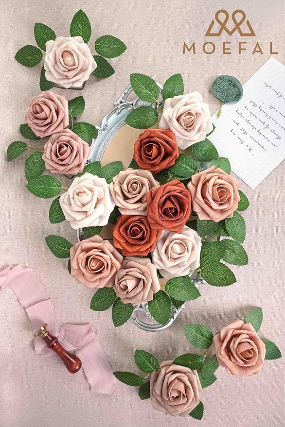 25Pcs 3 Inch Artificial Foam Roses, Terracotta Sunset Palette with Burnt Orange & Nude Shades, Realistic Flowers for DIY Boho Wedding Bouquets, Centerpieces, Fall Decor