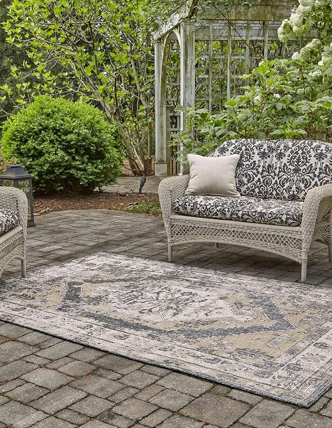 Unique Loom Outdoor Traditional Collection Area Rug - Valeria (3' 3" x 5' 3" Rectangle, Charcoal/ Natural)
