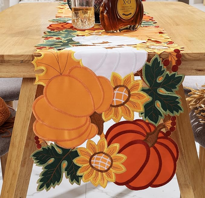 Thanksgiving Table Runner Embroidery Cutout Pumpkin Fall Table Runners Kitchen Decor Party Table Decorations 16x72 inch