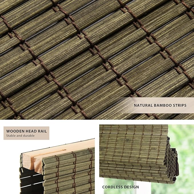 LazBlinds No Tools No Drill Cordless Bamboo Roman Shades, Privacy Window