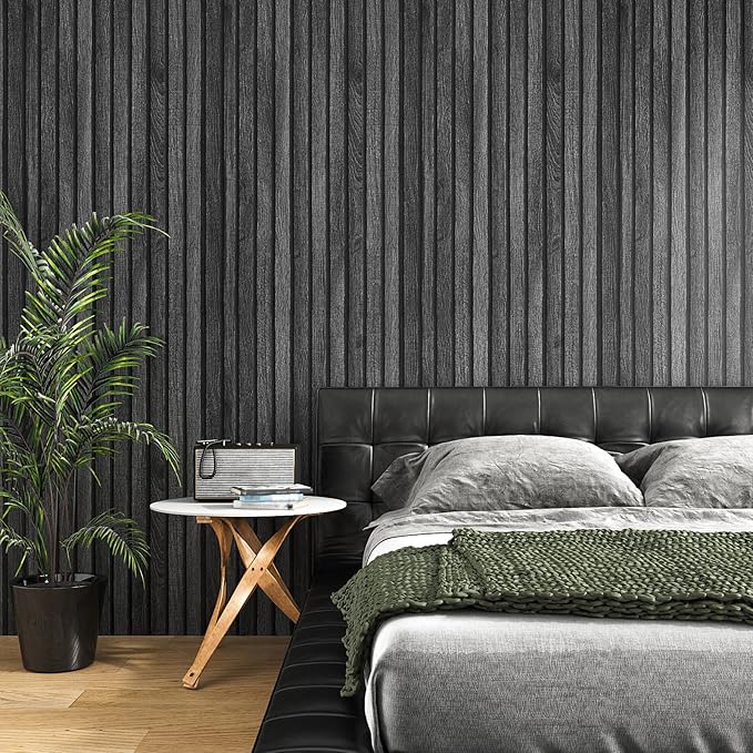 VEELIKE Charcoal Black Wood Slat Wallpaper Peel and Stick Modern Wood Panel