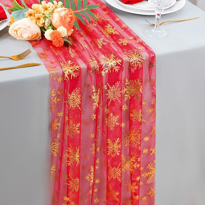 Snowkingdom Red Gold Snowflake Christmas Table Runner 120 Inches Long 10FT Sheer Tulle, Golden Snowflakes Xmas Seasonal Winter Kitchen Dining Holiday Wedding Table Decor for Home Party