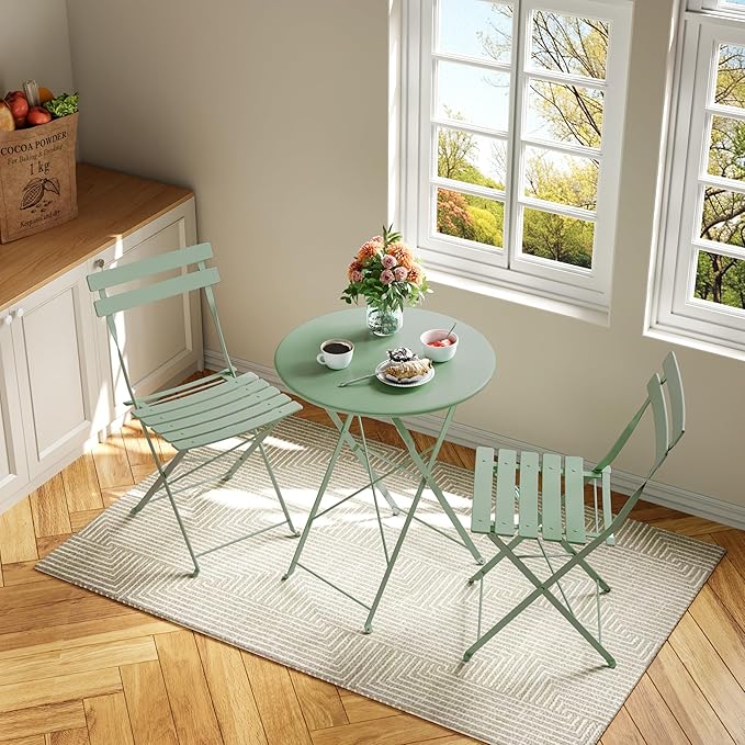 3-Piece Folding Bistro Set, Outdoor Patio Furniture Set with 2 Chairs & 1 Table, Space-Saving Foldable Balcony Garden Set with Heavy-Duty Powder-Coated Steel Frame, No Assembly Required, Green