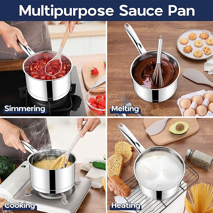 LIANYU 2 Quart Saucepan with Lid, Stainless Steel Sauce Pan Small Cooking Pot, Tri-Ply Bottom Multipurpose Sauce Pot, Dishwasher Safe, Compatible with All Stovetops