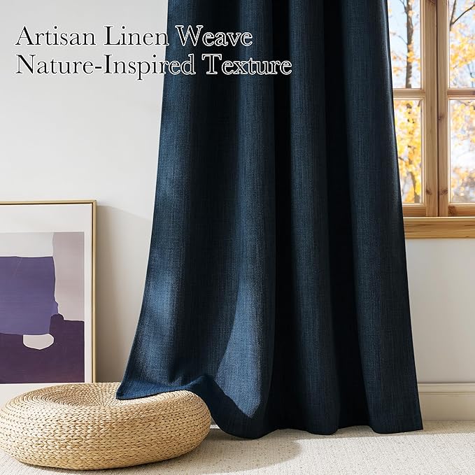 NICETOWN Navy Blue Faux Linen Room Darkening Rod Pocket Curtains 63 inch Length